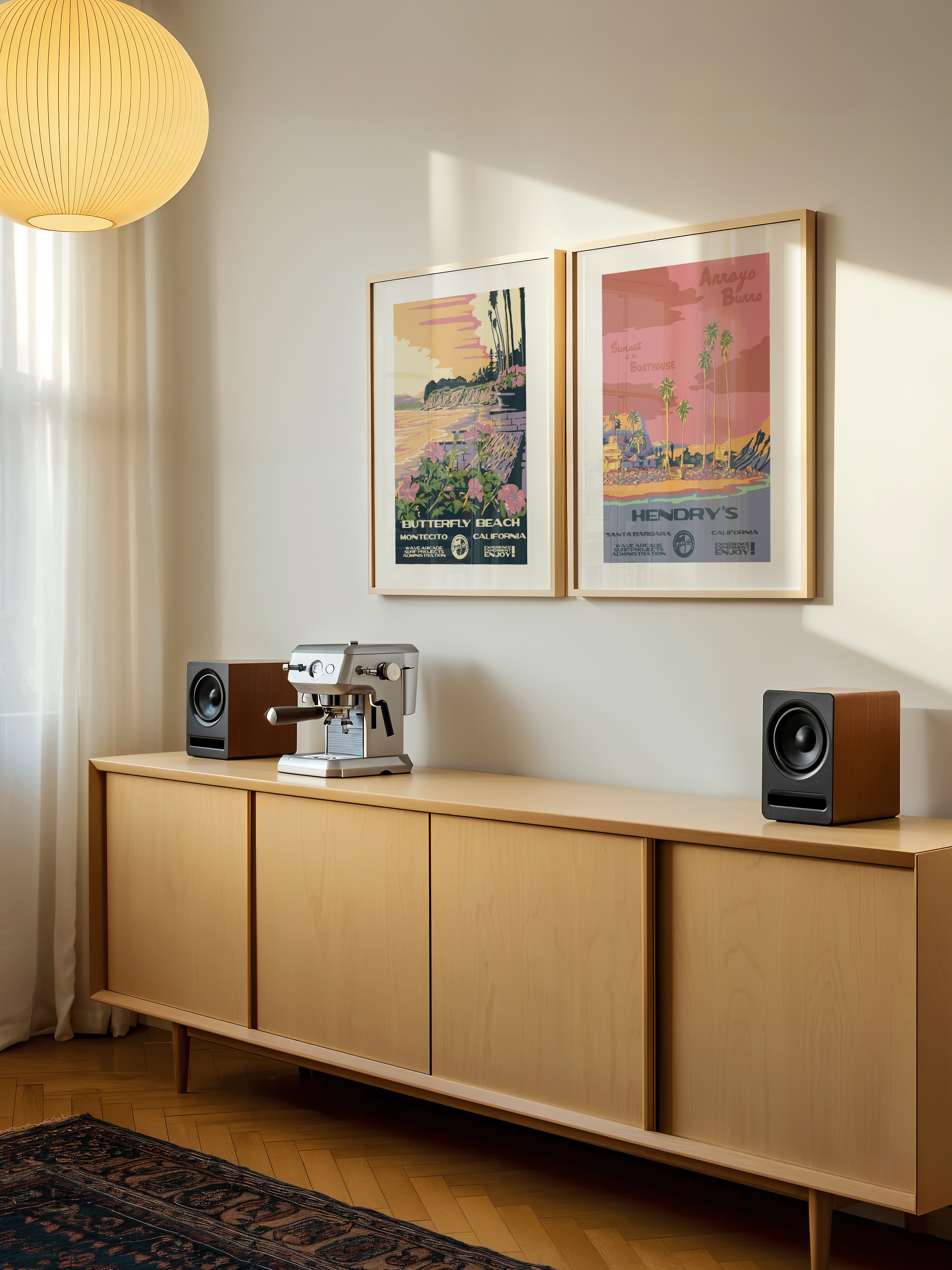 Two Wave Arcade prints arranged on a living room wall